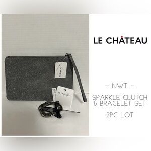 🆕LE CHATEAU - NWT - GREY SPARKLE CLUTCH AND BRACELET SET